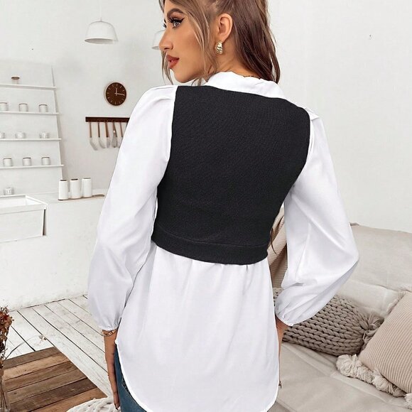 Black and White Casual Womens Colorblock Lantern Sleeve 2 In 1 Top - Picture 2 of 5